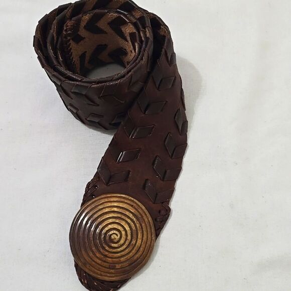 Brown Woven Leather Belt with Metal Buckle - Picture 1 of 7